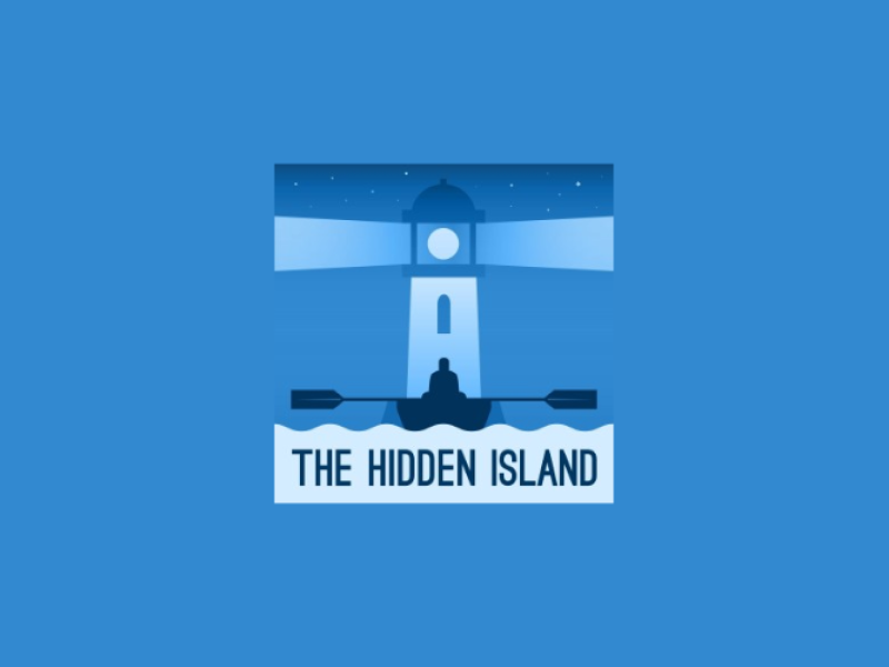 A mulit-coloured blue graphic image of a person in a row boat rowing toward a lighthouse at night with text "The Hidden Island"