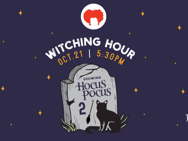 poster in dark blue with small stars, a head stone and black cat