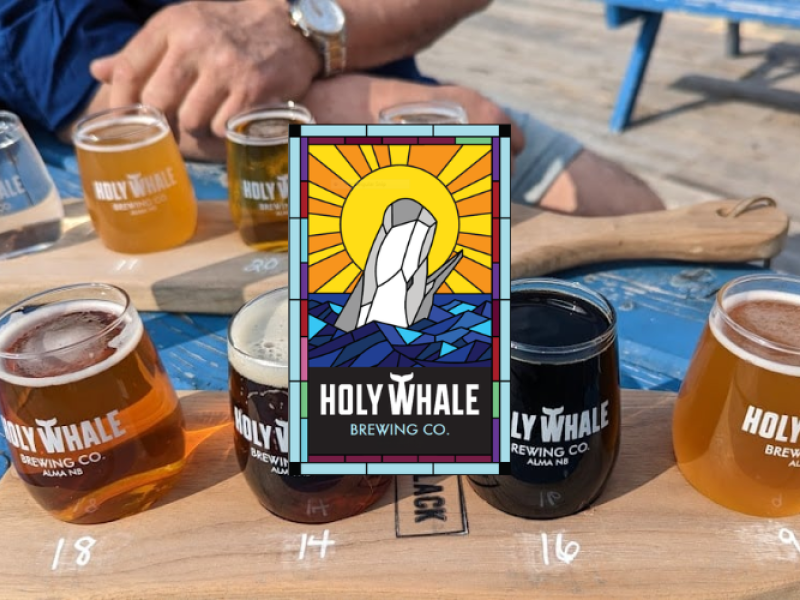Flights of craft brew and the Holy Whale Brewery logo