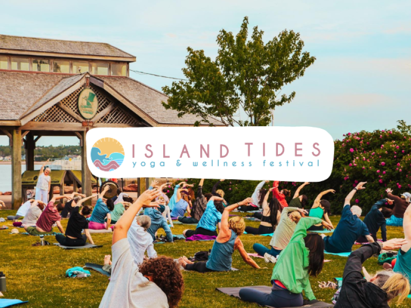 Large yoga doing yoga at Confederation Landing pavillon in Charlottetown