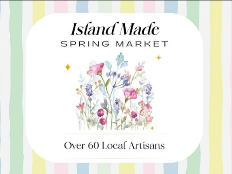 Graphic of spring flowers and striped pastel background with Island Made Spring Market as titled