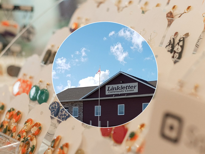 Image of Linkletter Community Centre in centre with stock image of handmade earrings in background