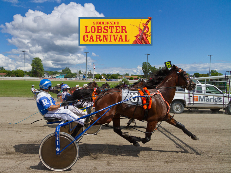Image of harness racing at Red Shores Summersdie with Summerside Lobster Carnival logo inset