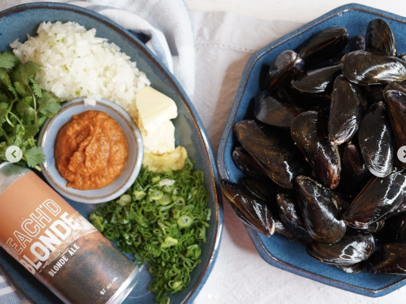 Maple Curried Mussels Plated ingredients including beer, cilantro, rice, butter and curry paste and second plate with uncooked PEI Blue Mussels