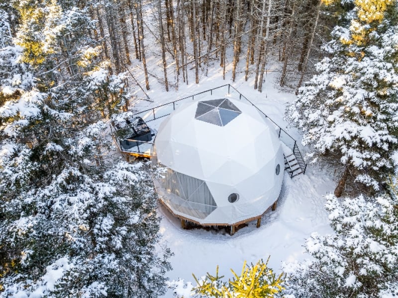 Aerial view of Maytree Eco-Retreat dome in winter