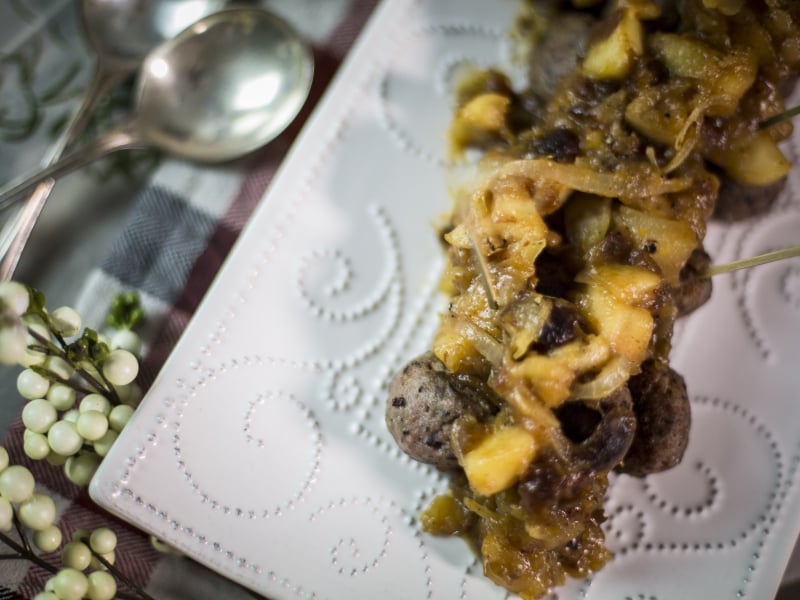 PEI Turkey Meatballs with Spiced Apple Chutney Image of PEI Turkey Meatballs with Spiced Apple Chutney plated