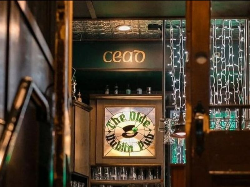Stained glass above bar at Olde Dublin Pub