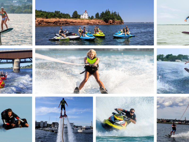 collage of people water skiing and kite boarding