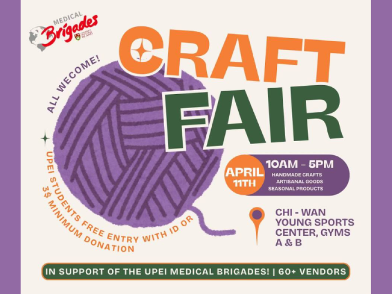 Graphic image of ball of yarn with details of Medical Brigade Craft Fair, April 11