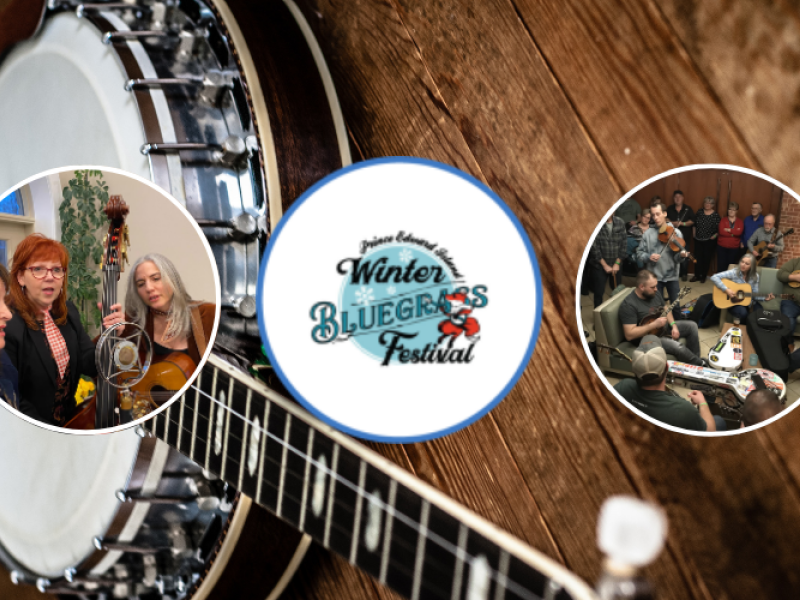 PEI Winter Bluegrass Festival logo with images of performers with stock image of banjo in background
