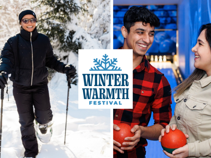 Nordic skier and two persons bowling with Winter Warmth Festival logo in centre