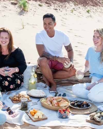 beach picnic, Group sitting, food, sand