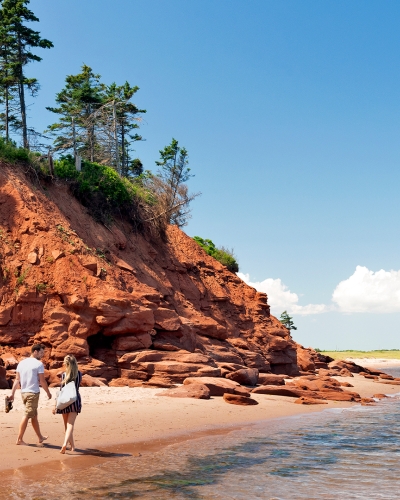 Basin Head, couple, beach, water, cliff, trees, walking