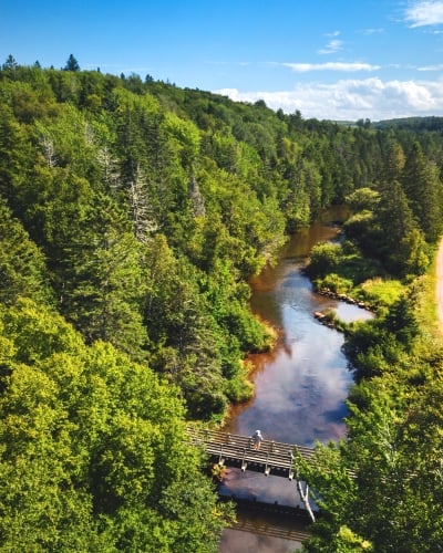 Aerial view of river and bridge along Green Road, Bonshaw