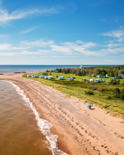 Aerial view of beach and campground at Cedar Dunes Provincial Park