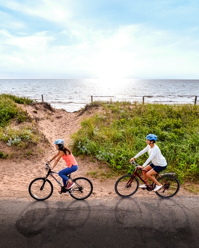 Duo cycling along beach at Panmure Island