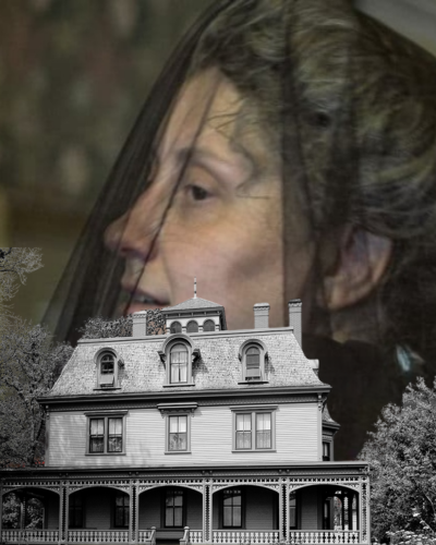 Image of Beaconsfield Historic House in black & white with veilled woman in background