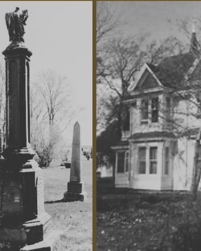 Black & white image of tombstone at People's Cemetry and exterior of MacNaught History Centre and Archives