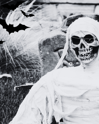 Stock image of skeleton in front of fake tombstone in black and white with bat graphics