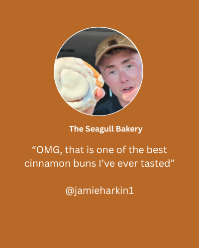 Image of Jamie Harkin holding cinnamon buns with text "“OMG, that is one of the best cinnamon buns I’ve ever tasted”  @jamieharkin1"