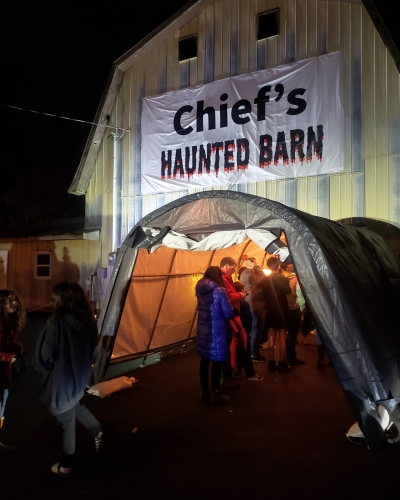 outside view at night of the haunted Barn on the Scotchfort Indigenous reserve.