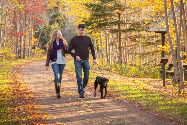 Fall Confederation Trail, couple walking dog