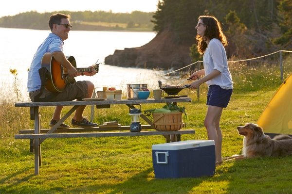 Couple Camping, guitar, backlit