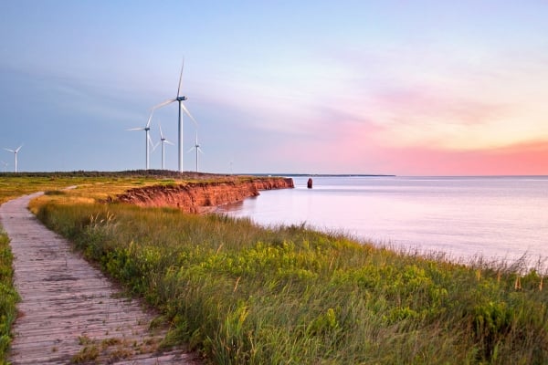 North Cape, wind turbines, ocean, path