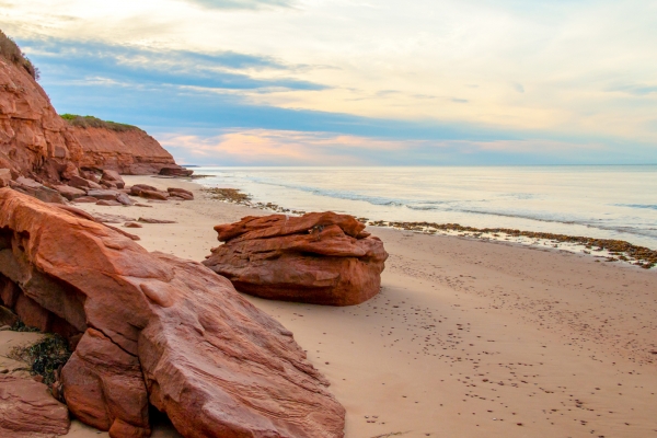 Cavendish Beach, ocean, rocks, sand, sky