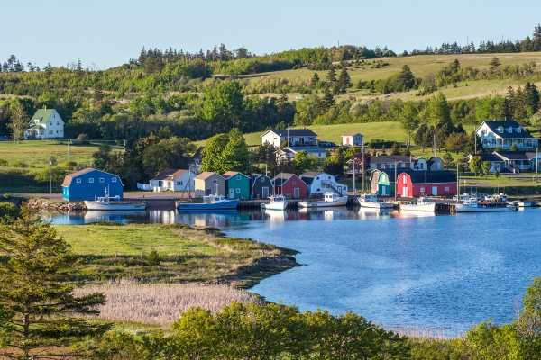 French River, village, hills, water