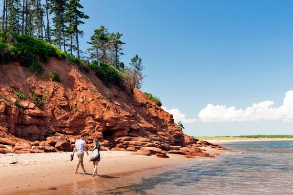 Basin Head, couple, beach, water, cliff, trees, walking