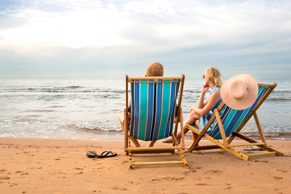 Lakeside Beach, beach chairs, couple, sand, sunhat