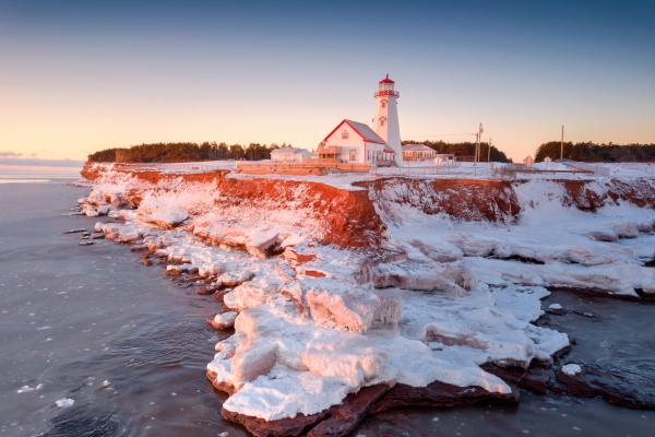 Aerial view of East Point Lighthouse in winter, Prince Edward Island