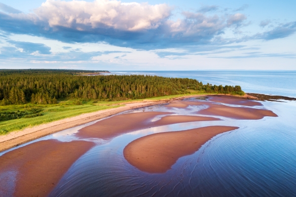 Aerial view of sandy beach and tidal pools at Northumberland Provincial Park