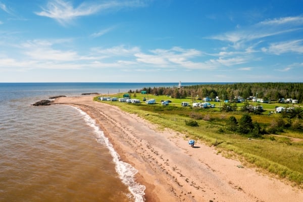 Aerial view of beach and campground at Cedar Dunes Provincial Park