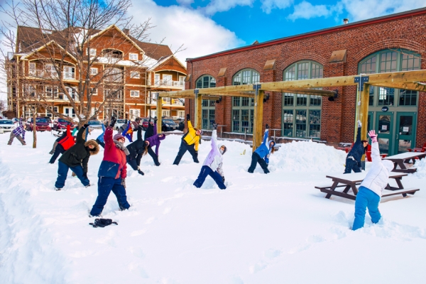 Group doing snoga outside of Founders' Hall, Charlottetown