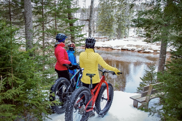 Three persons look at Bonshaw River while fat biking in winter