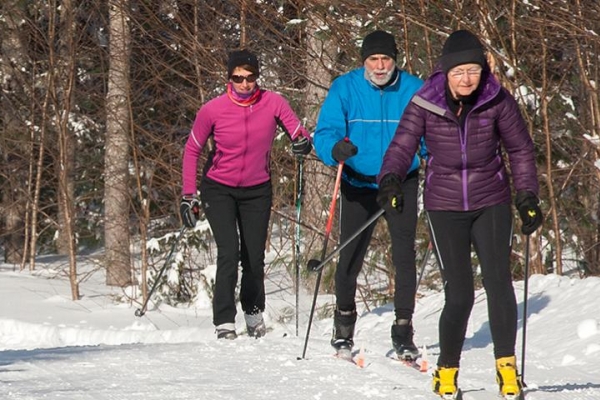 Three people cross country skiing