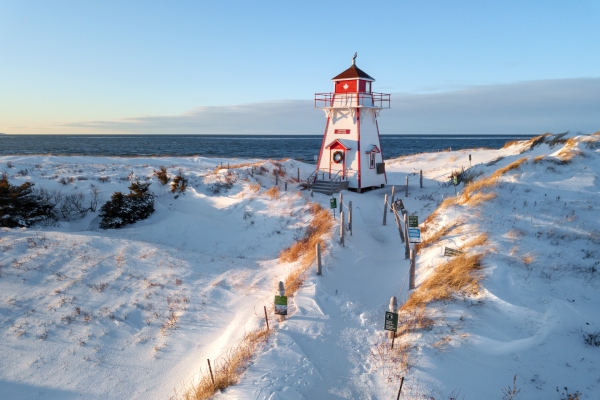 Aerial view of path to Covehead Lighthouse in winter