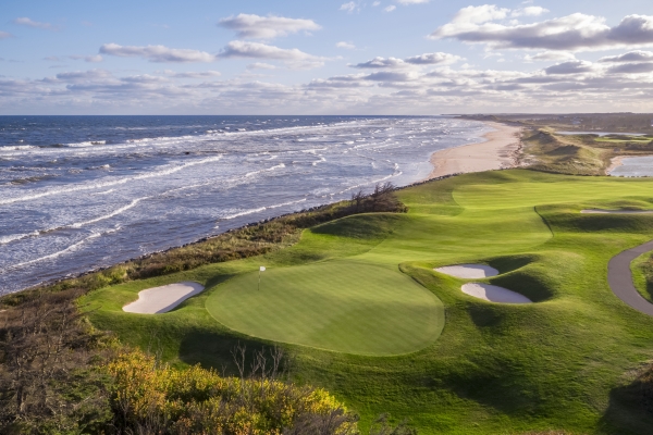 Aerial view of hole 16 at the Links at Crowbush Cove Golf Course