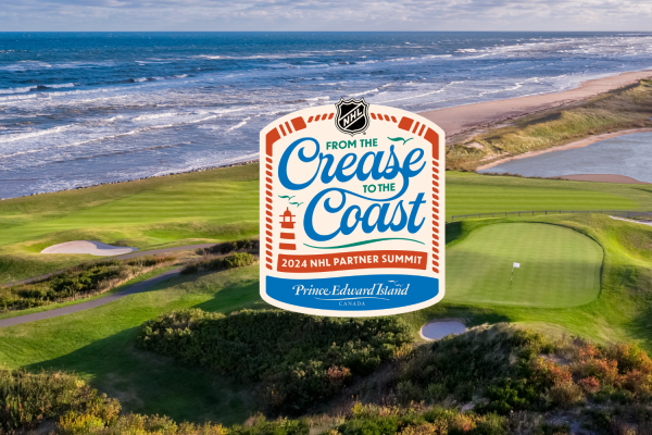 Aerial view of hole 17 at Crowbush Cove golf course with Crease to Coast logo in middle