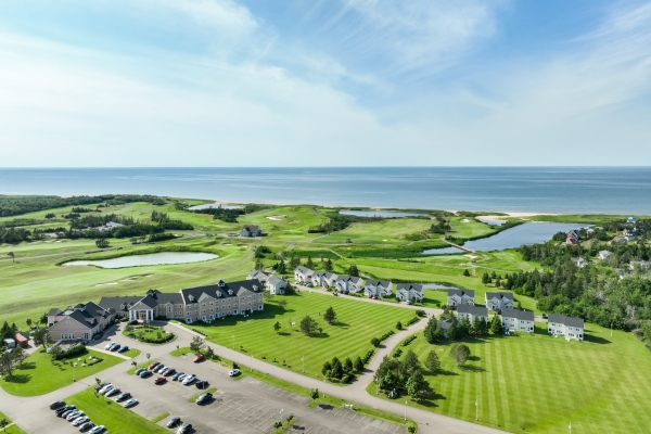 Aerial view of Rodd Crowbush Resort with golf course and beach in view