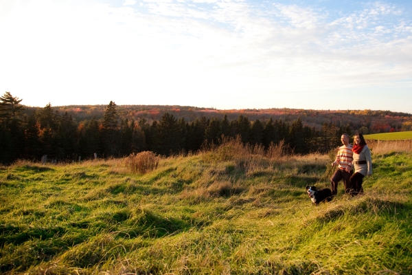 Two people with dog walk through grassy area at Strathgartney Provincial Park