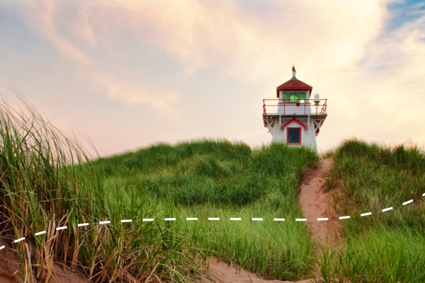 Photo of Covehead LIghthouse with dotted line from left corner going up to represent progress