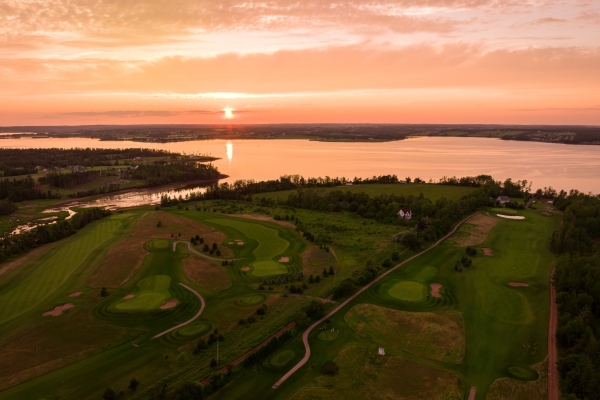 Aerial view of Countryview Golf Club at sunset with view over West River