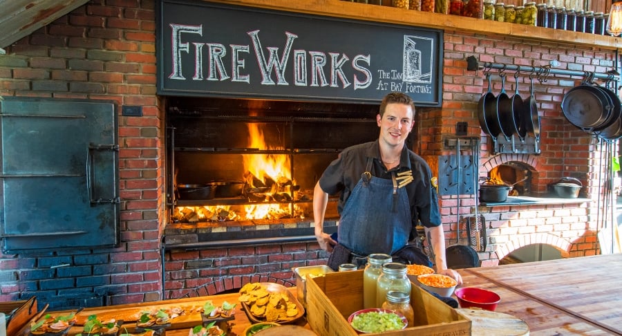Inn at Bay Fortune, cook, wood oven, Fire Works Inn at Bay Fortune, cook, wood oven, Fire Works