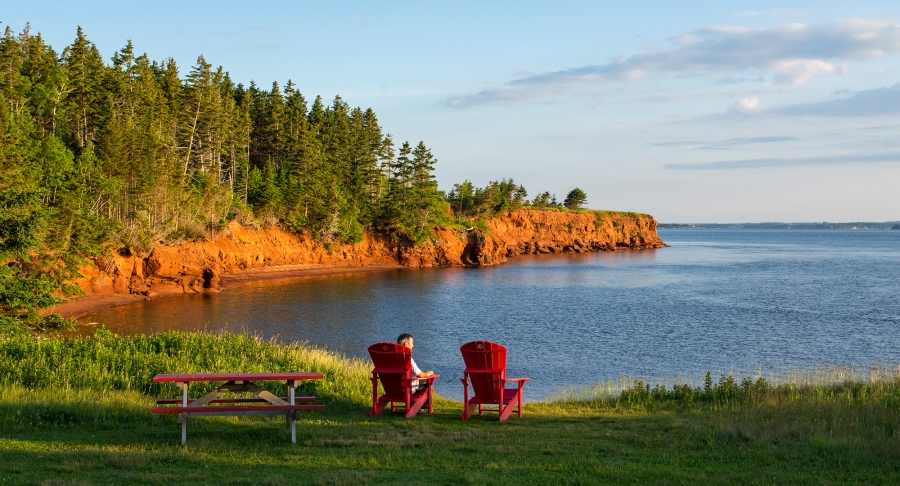 Port la Joye, wooden chairs, ocean view, forest Port la Joye, wooden chairs, ocean view, forest
