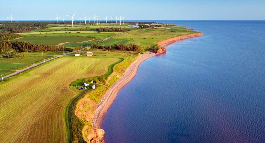 West cape, ocean, fields, wind turbines West cape, ocean, fields, wind turbines
