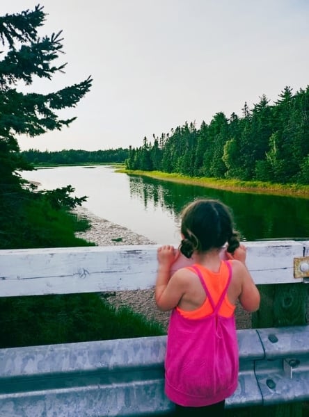 Young girl peers down Brudenell River from walking bridge