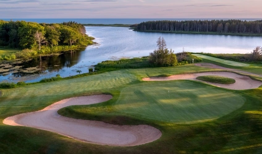 Aerial view of sand traps overlooking PEI National Park, Cavendish